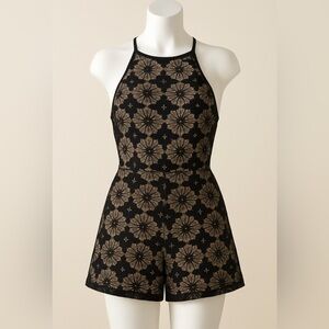 Bleuh Ciel Moody Floral Whimsy Goth Black Lace Nude Lined Halter Romper Size L